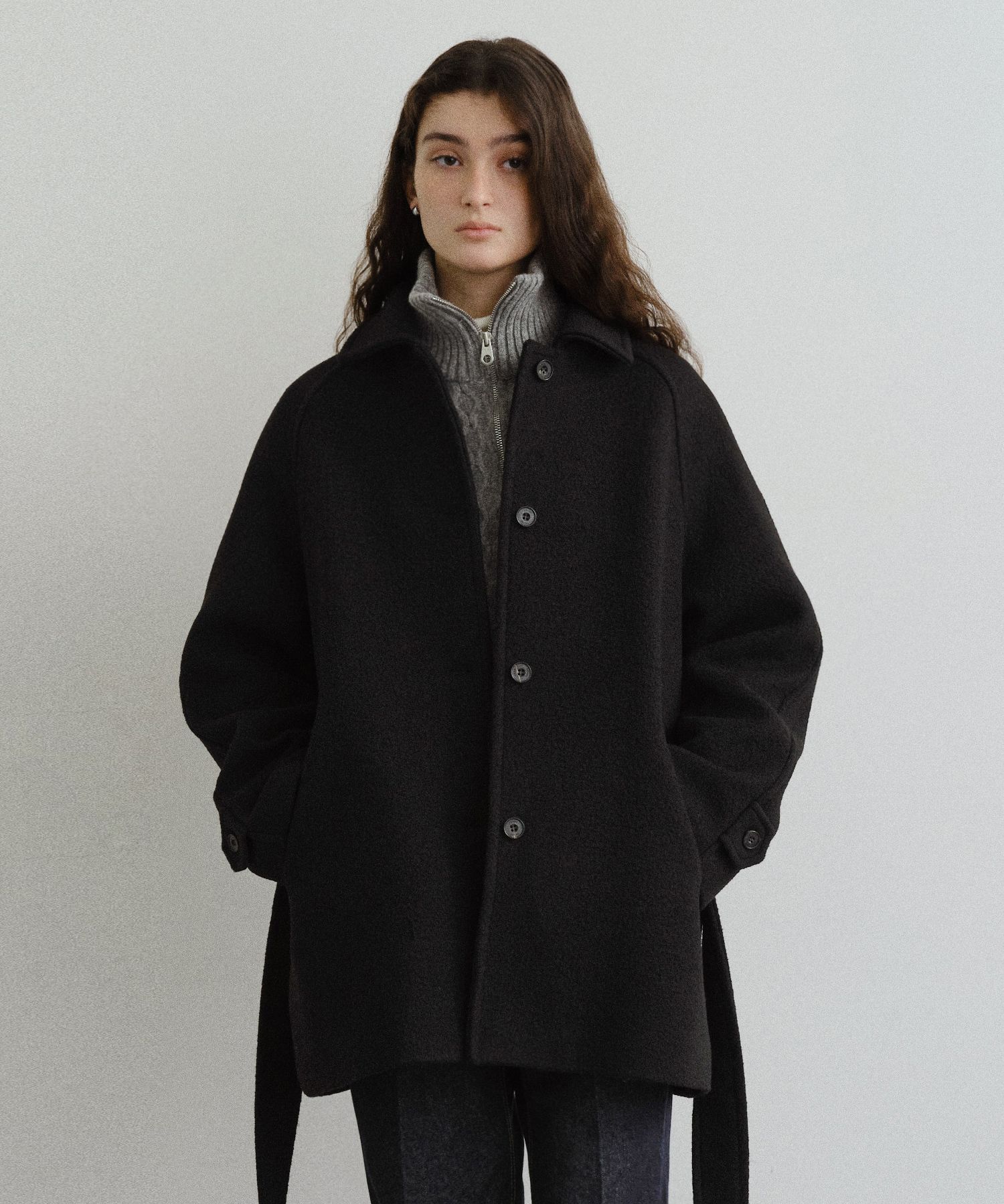 OHESHIO CHECK HALF WOOL COAT BLACK（OHESHIO] / ☆ BOUCLE