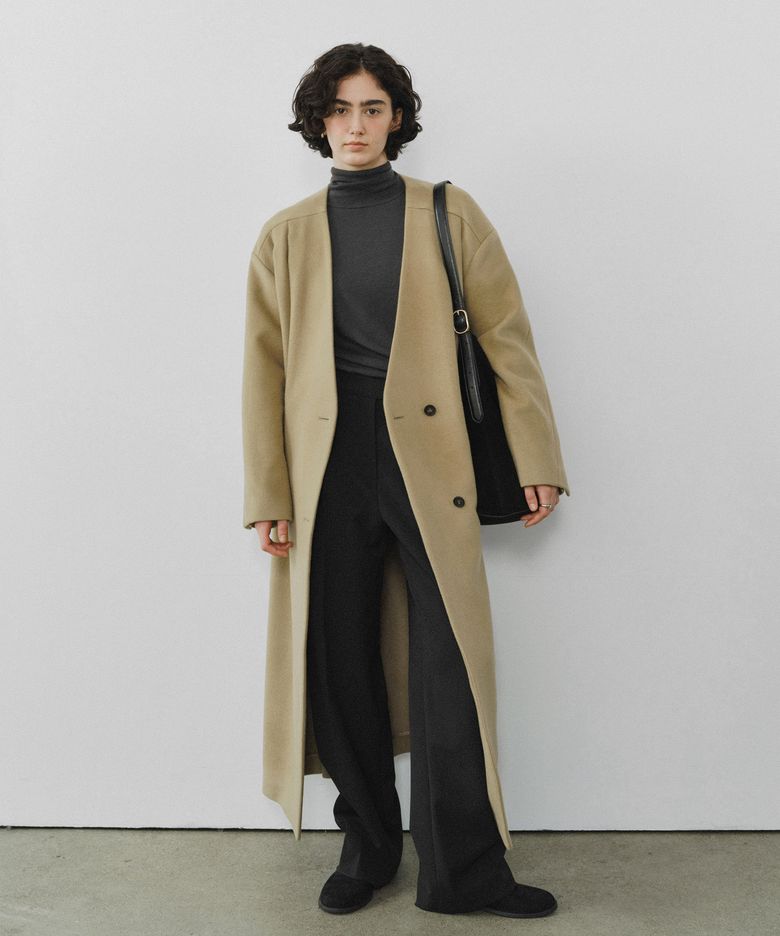 Nocollar belted wool maxi coat
