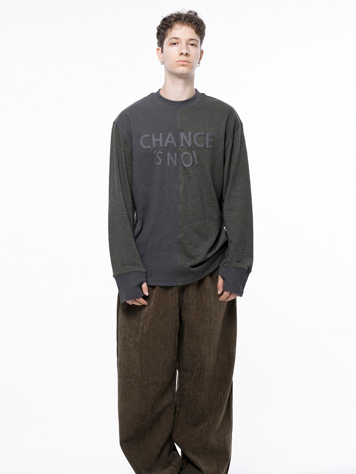 챈세스노이(CHANCE'S NOI) Snoi Reverse Rib Crew Neck Sweat - Khaki Charcoal /M243MT02CH