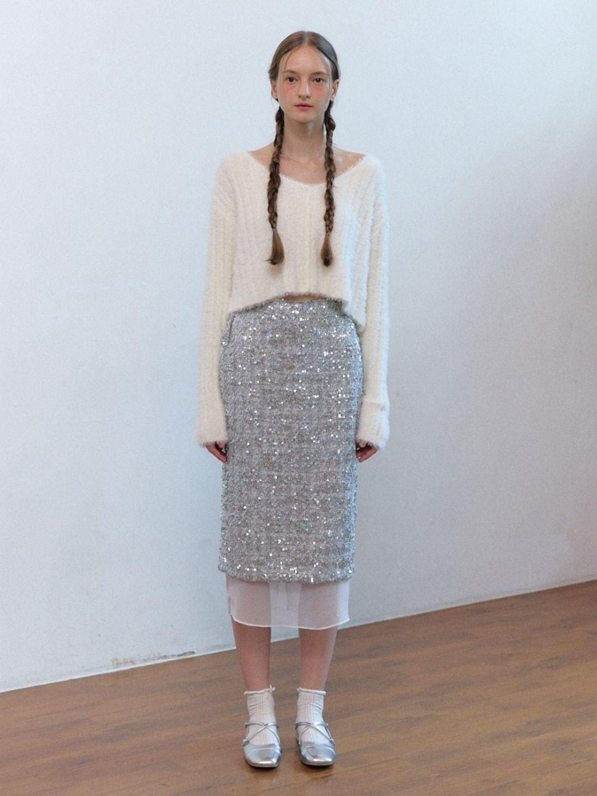 패브릭서울(FABRICSEOUL) wool tweed spangle skirt_silver