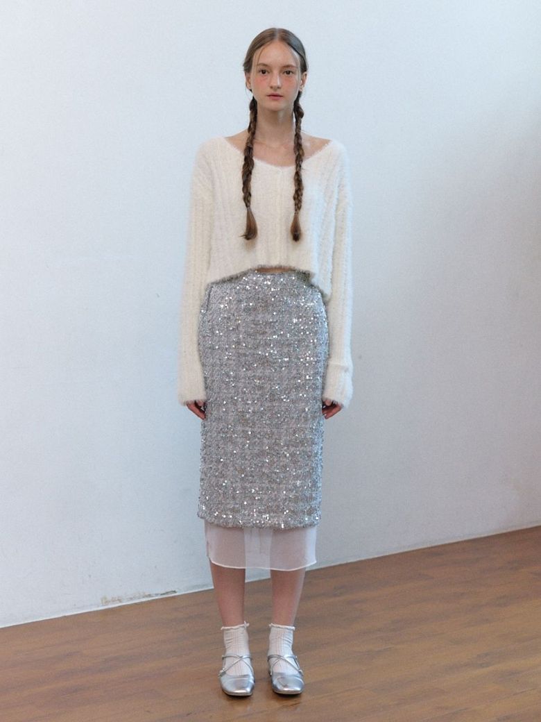 wool tweed spangle skirt_silver
