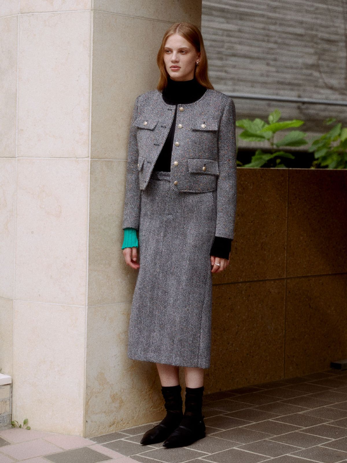 뮤제(MUSEE) SOPHIA Tweed Wool Long Skirt_Black