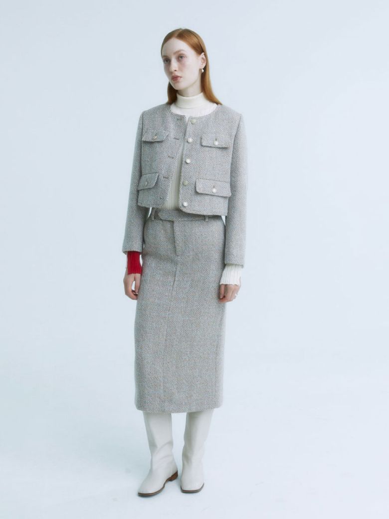 SOPHIA Tweed Wool Long Skirt_Beige