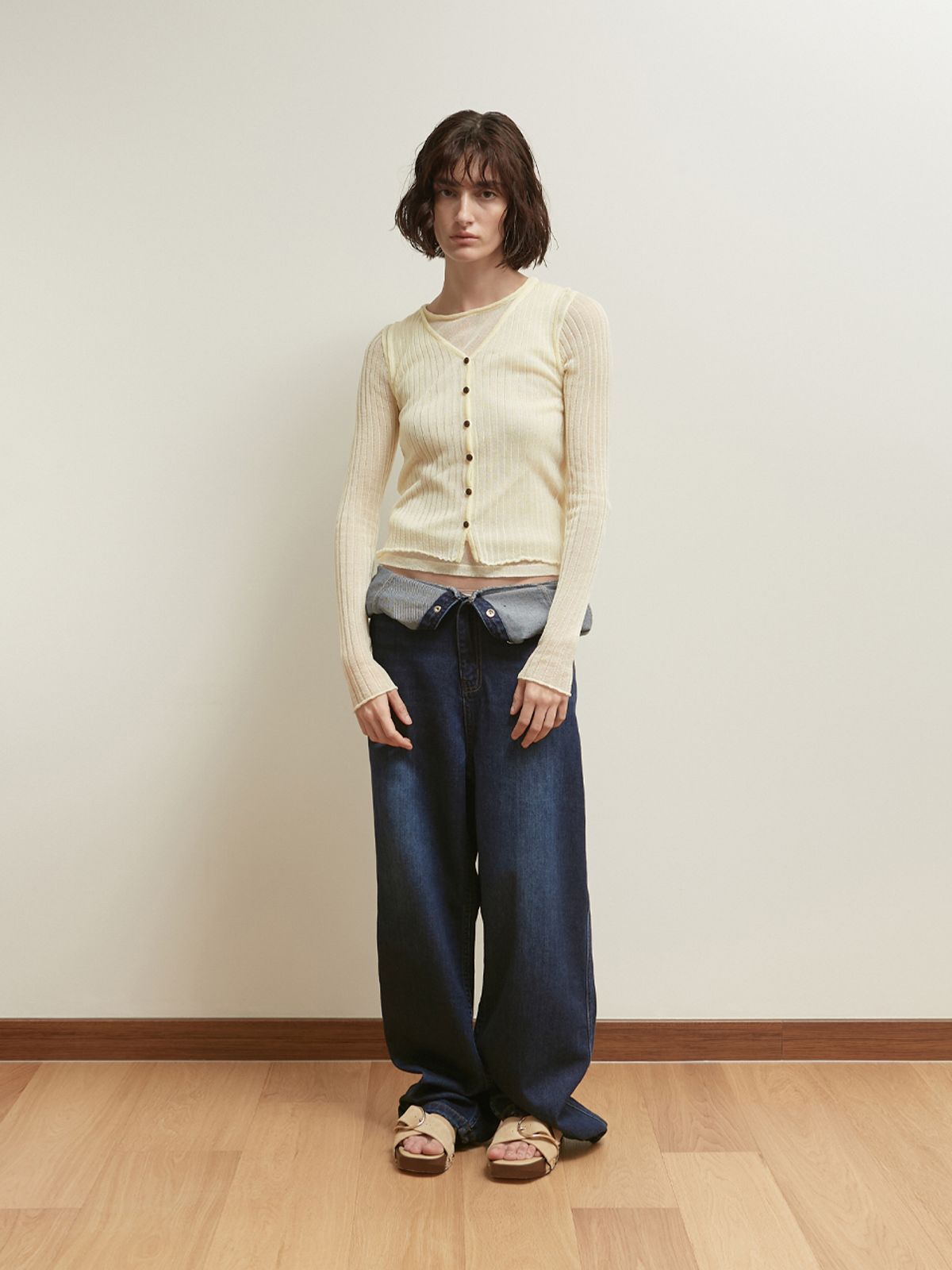 솔티페블(SALTY PEBBLE) SHEER BUTTON KNIT TOP TWO PIECE [YELLOW]