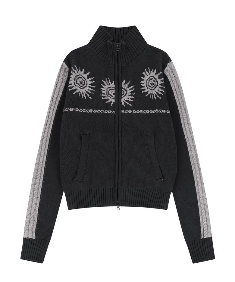 Sun Jacquard Zip-Up Sweater (Dark Gray)