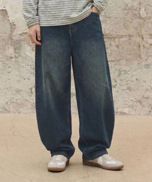 워시드 빈티지 와이드 벌룬 데님 팬츠 [샌드 인디고]
