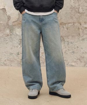 워시드 빈티지 와이드 벌룬 데님 팬츠 [샌드 블루]