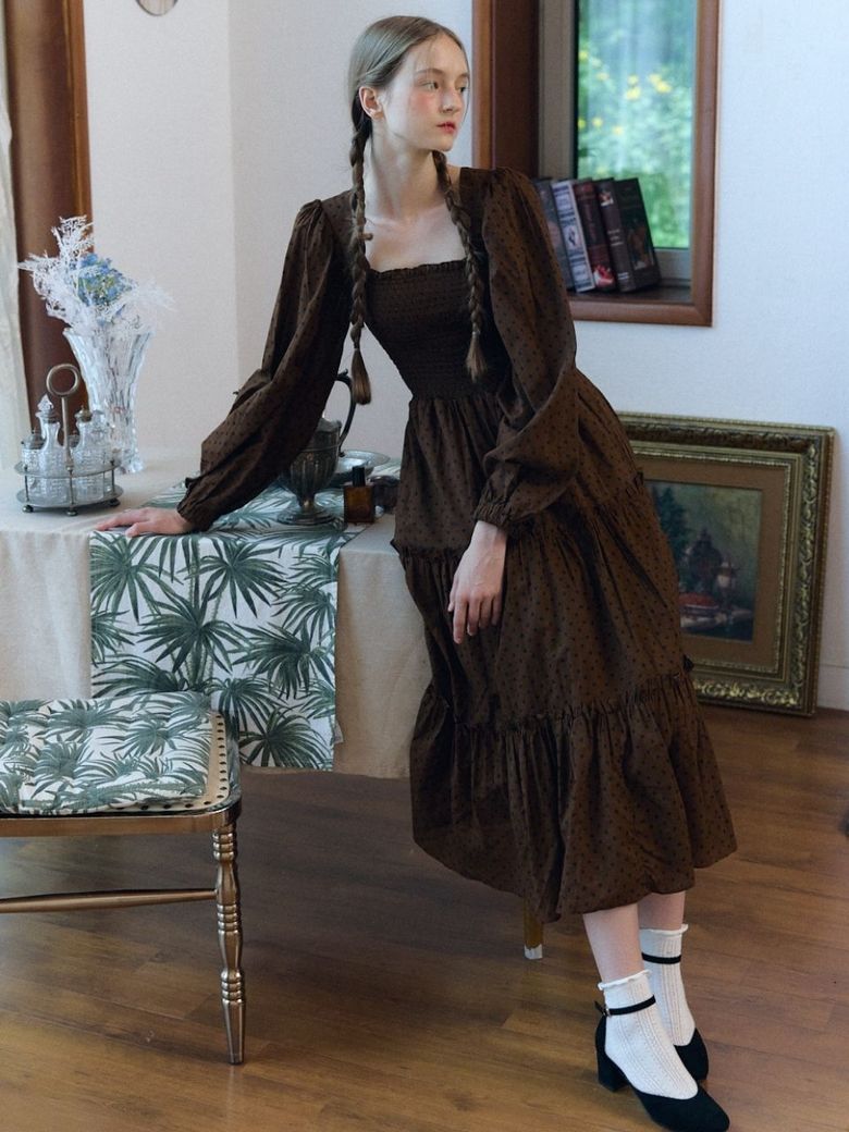 dot smocking frill dress_brown