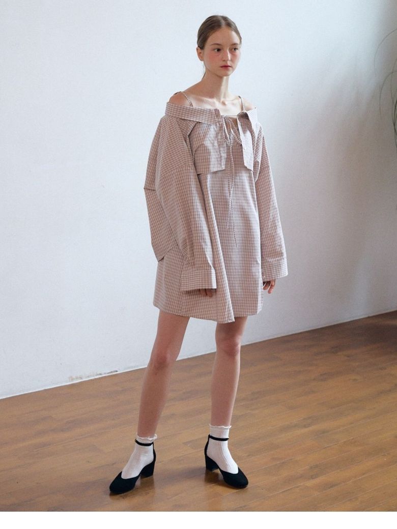 sweet slip frill mini dress_beige check