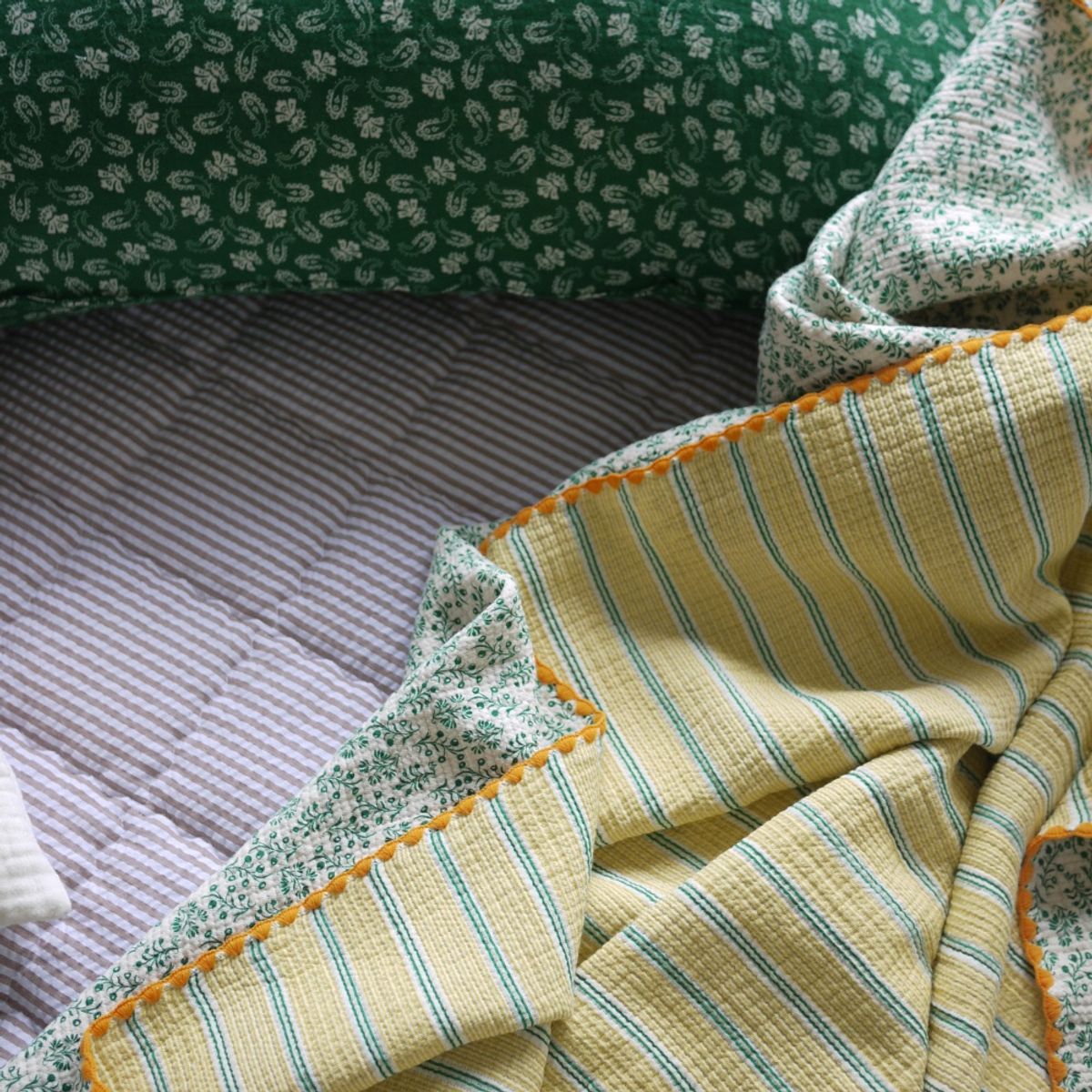 봄봄패브릭스(BOMBOM FABRICS) triple cotton blanket (green plant + yellow stripe)