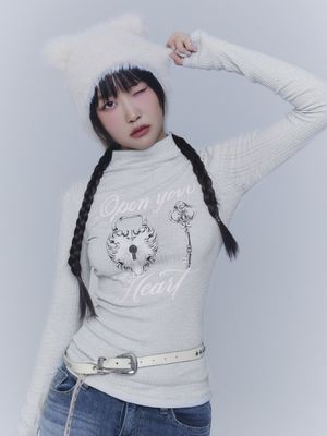 오픈 유어 하트 터틀넥 티셔츠 - 그레이