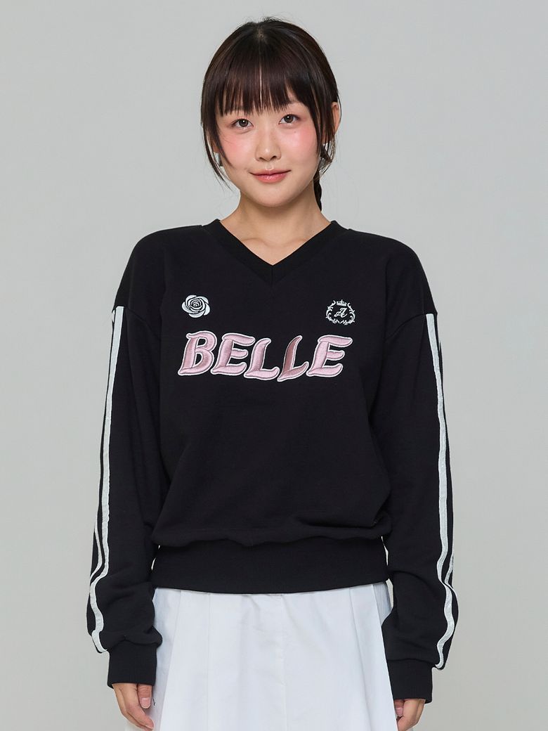 벨르 자수 브이넥 맨투맨 - 블랙
