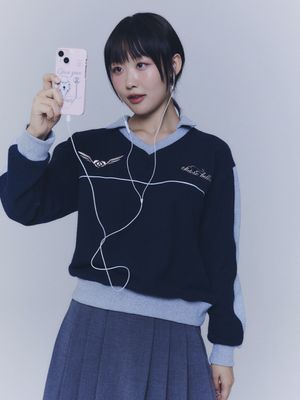 카라 배색 니트 맨투맨 - 네이비