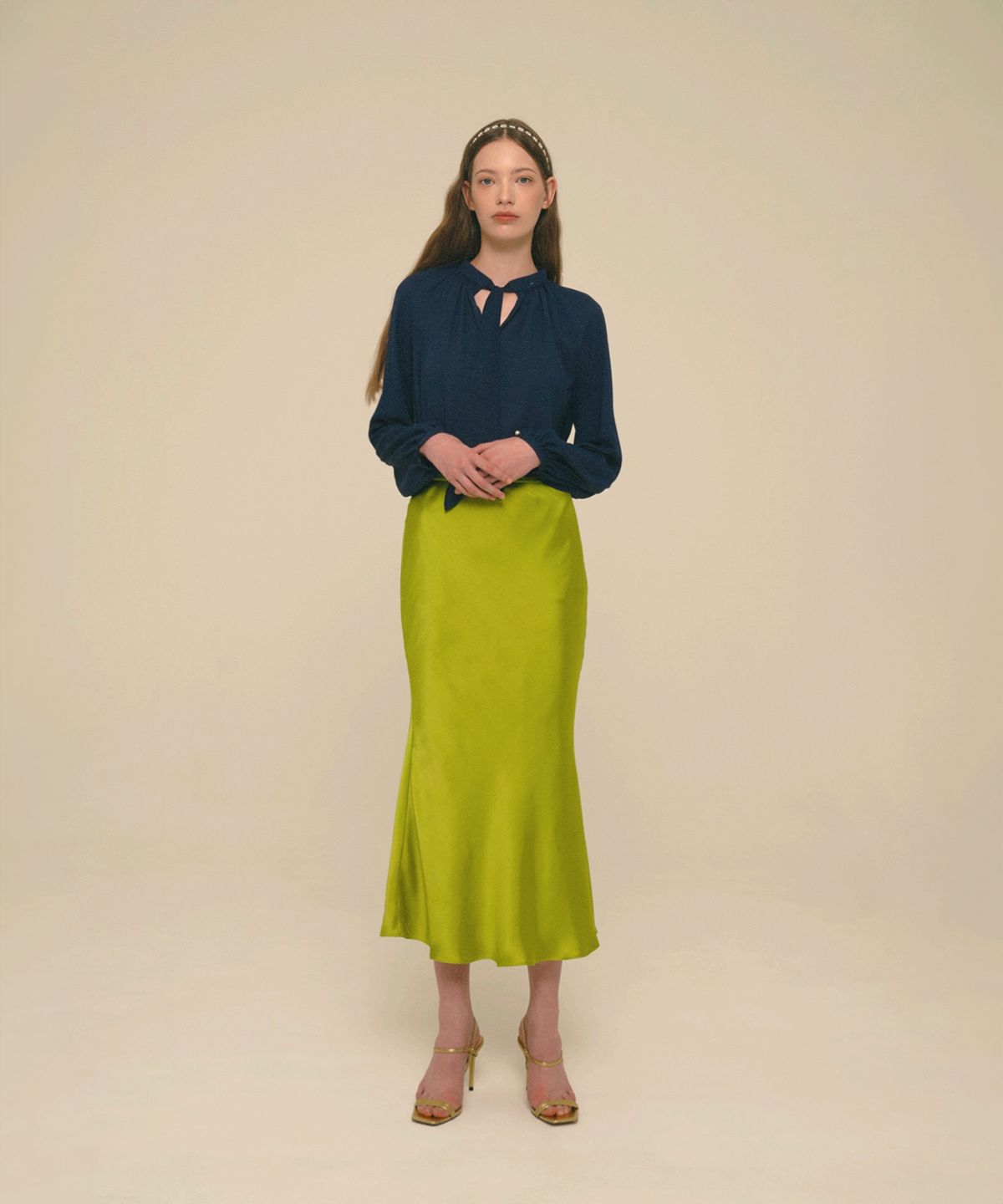 아이스가든에이오공팔(ICE GARDEN A.508) Mermaid Maxi Satin Skirt_Golden Lime