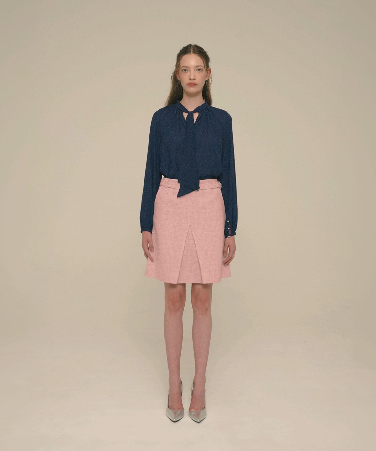 아이스가든에이오공팔(ICE GARDEN A.508) Crystal-Button Tweed Skirt_Shell Pink