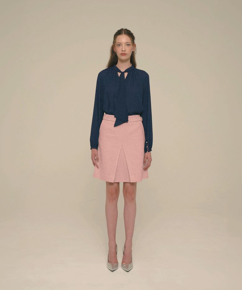 Crystal-Button Tweed Skirt_Shell Pink