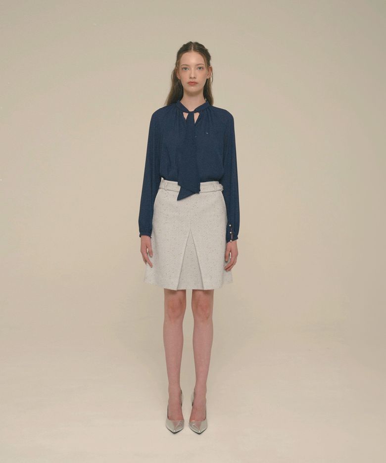 Crystal-Button Tweed Skirt_Quite Gray