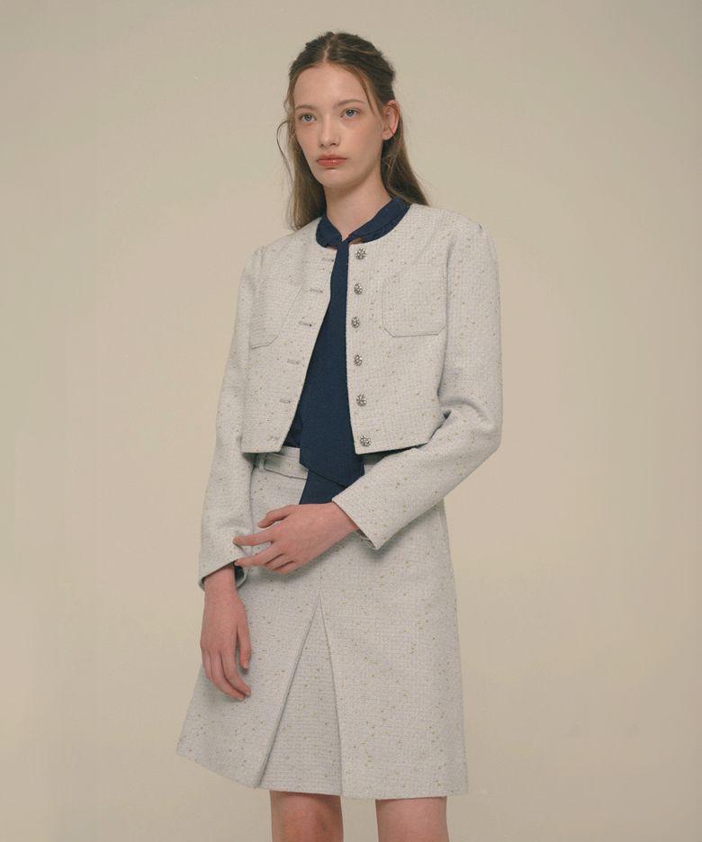 Crystal-Buttons Cropped Tweed Jacket_Quiet Gray
