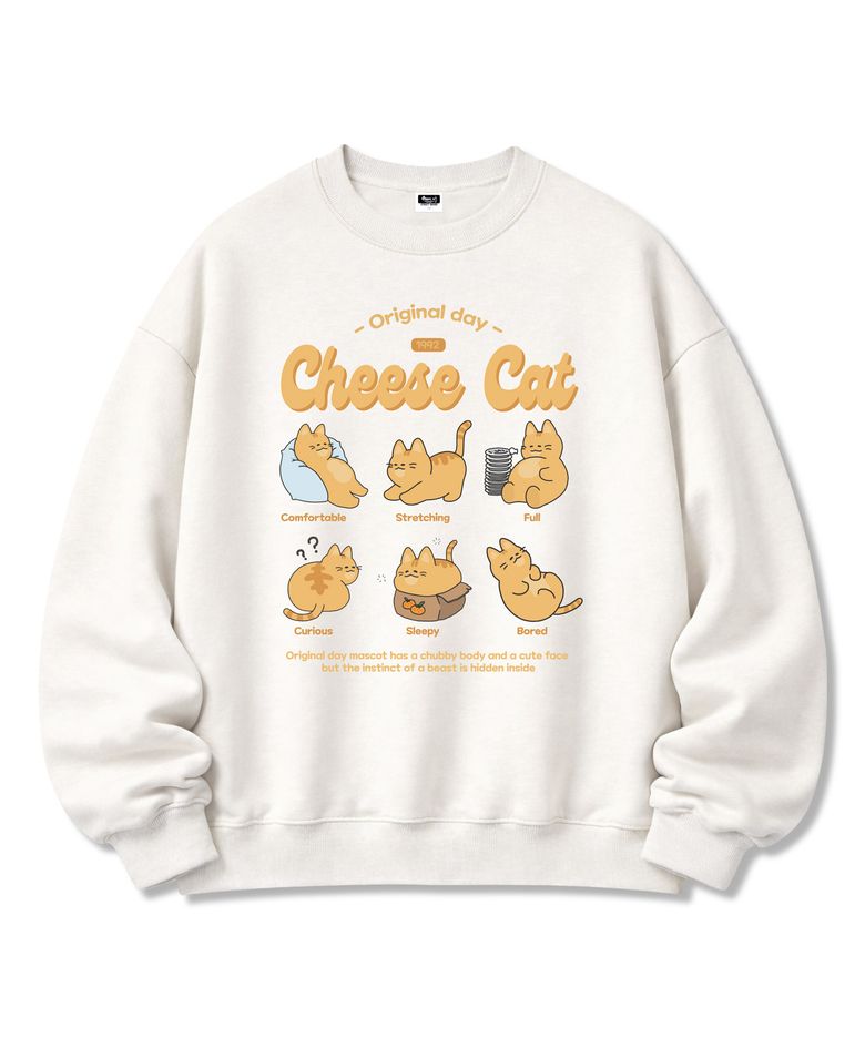 Cheese Cat 프린팅 오버핏 쭈리 맨투맨 남녀공용 White