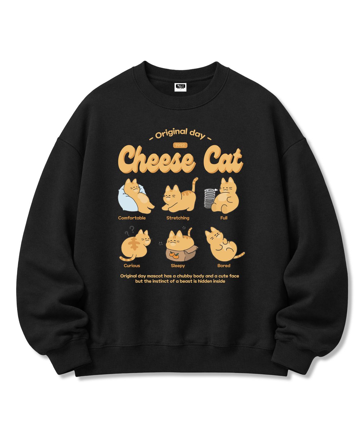오리지널데이(ORIGINALDAY) Cheese Cat 프린팅 오버핏 쭈리 맨투맨 남녀공용 Black