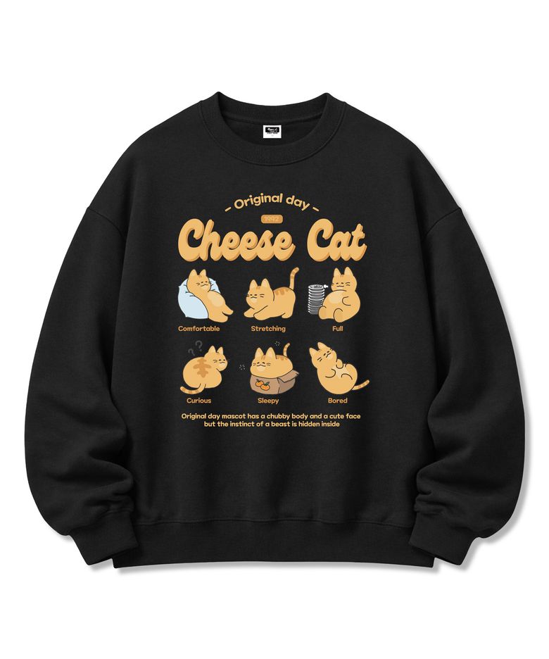Cheese Cat 프린팅 오버핏 쭈리 맨투맨 남녀공용 Black