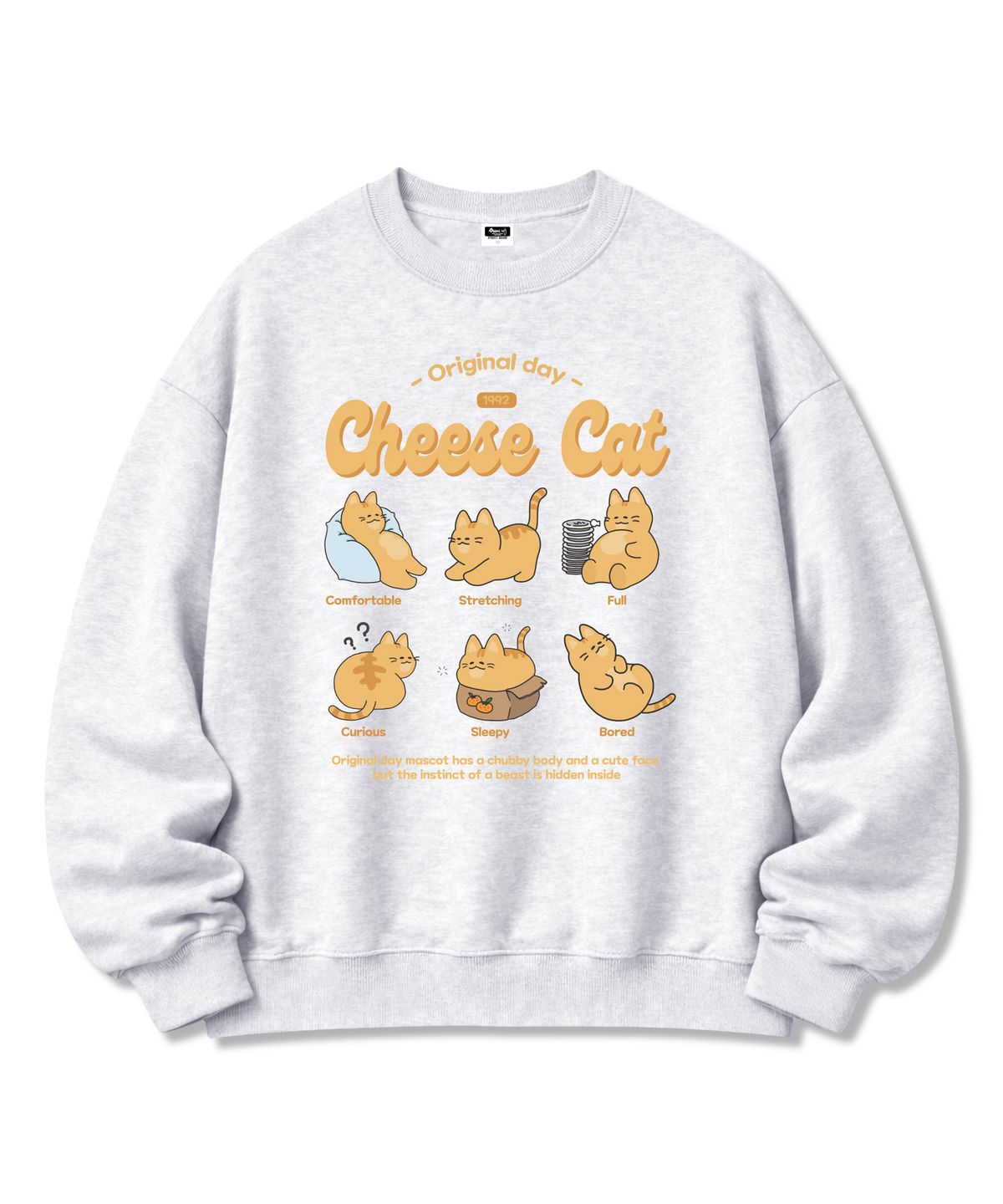 오리지널데이(ORIGINALDAY) Cheese Cat 프린팅 오버핏 쭈리 맨투맨 남녀공용 White melange
