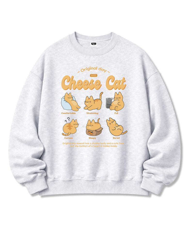 Cheese Cat 프린팅 오버핏 쭈리 맨투맨 남녀공용 White melange