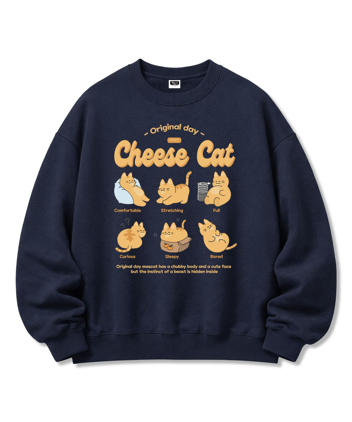 오리지널데이(ORIGINALDAY) Cheese Cat 프린팅 오버핏 쭈리 맨투맨 남녀공용 Navy