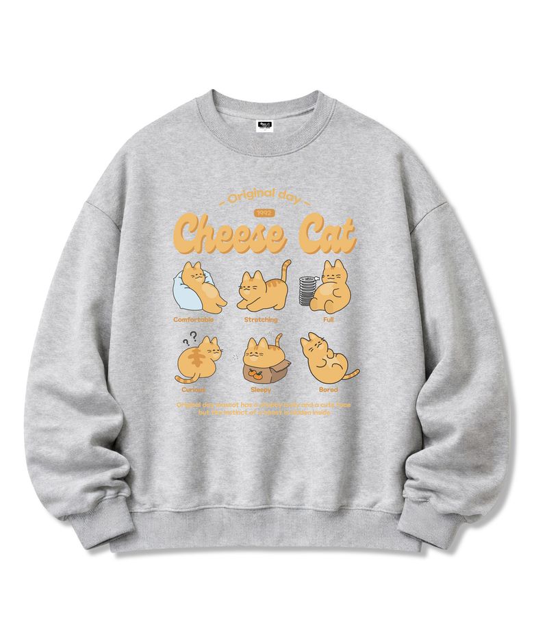 Cheese Cat 프린팅 오버핏 쭈리 맨투맨 남녀공용 Grey