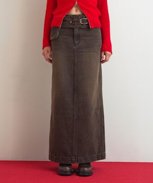 DENIM LONG SKIRT - BROWN