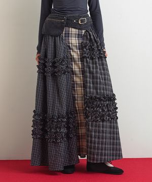 UNBALANCE FRILL MAXI SKIRT - CHECK