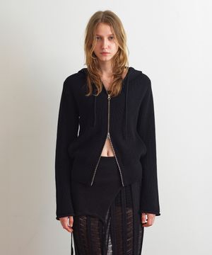 KNIT HOODIE ZIP-UP - BLACK