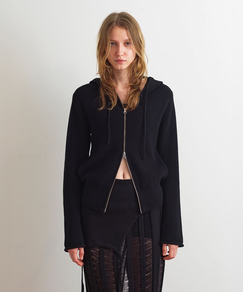 KNIT HOODIE ZIP-UP - BLACK