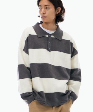 럭비 스트라이프 니트 그레이