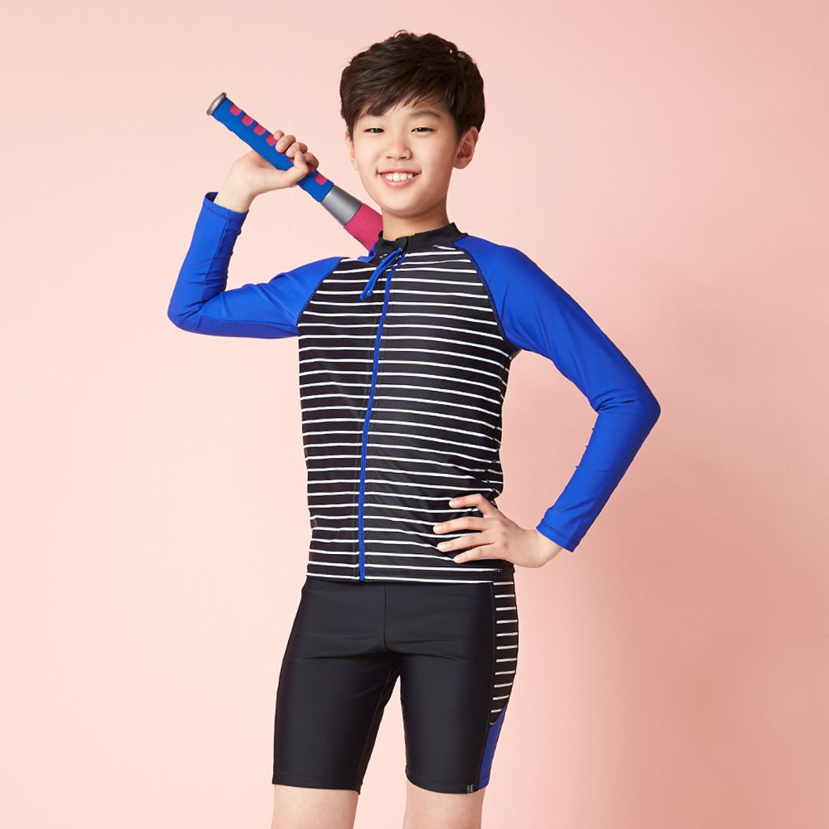 베이직엘르(BASIC ELLE) 남아동 스트라이프 집업 래쉬가드 수모 세트 블랙 3피스 BEB-R702K