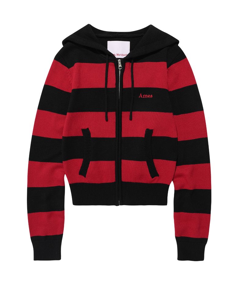 STRIPE KNIT HOODIE ZIP-UP BLACK