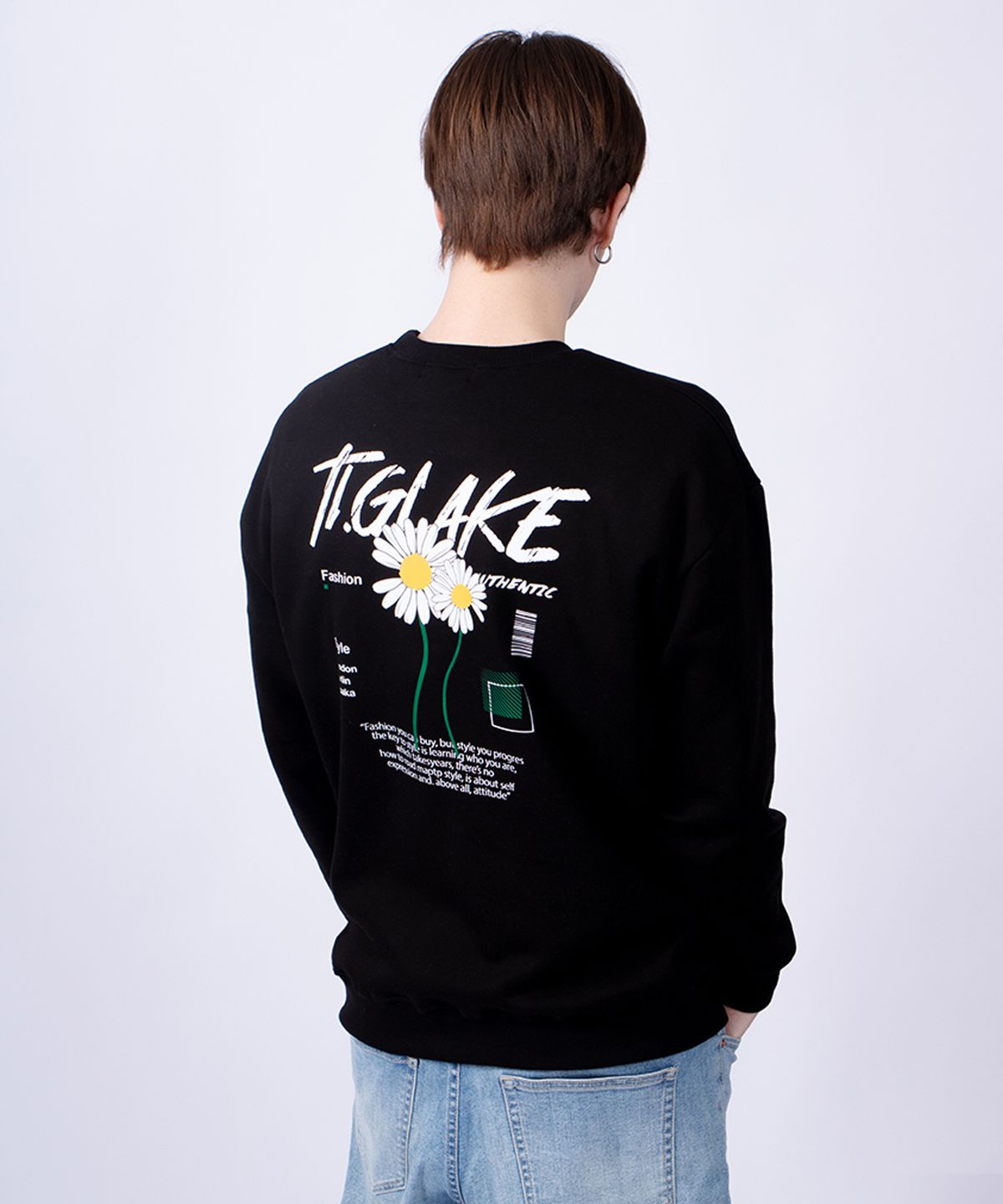 티글레이크(TI.GLAKE) 덴덜라이언 오버핏 기모 맨투맨 티셔츠 블랙