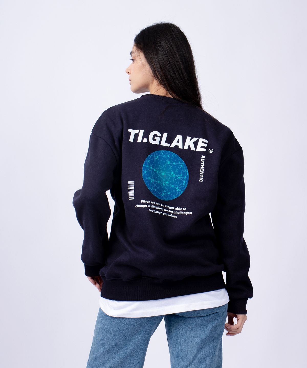 티글레이크(TI.GLAKE) 시추에이션 오버핏 기모 맨투맨 티셔츠 네이비