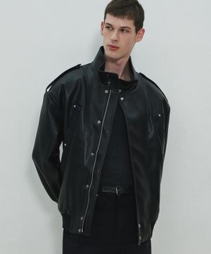 UNISEX, 4 Pocket Oversized Leather Blouson / Black