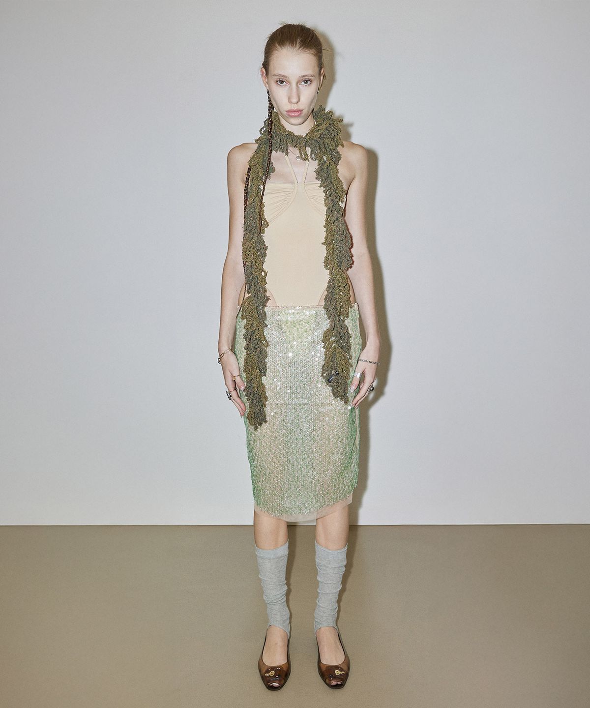스컬프터(SCULPTOR) Sequin Midi Skirt Green