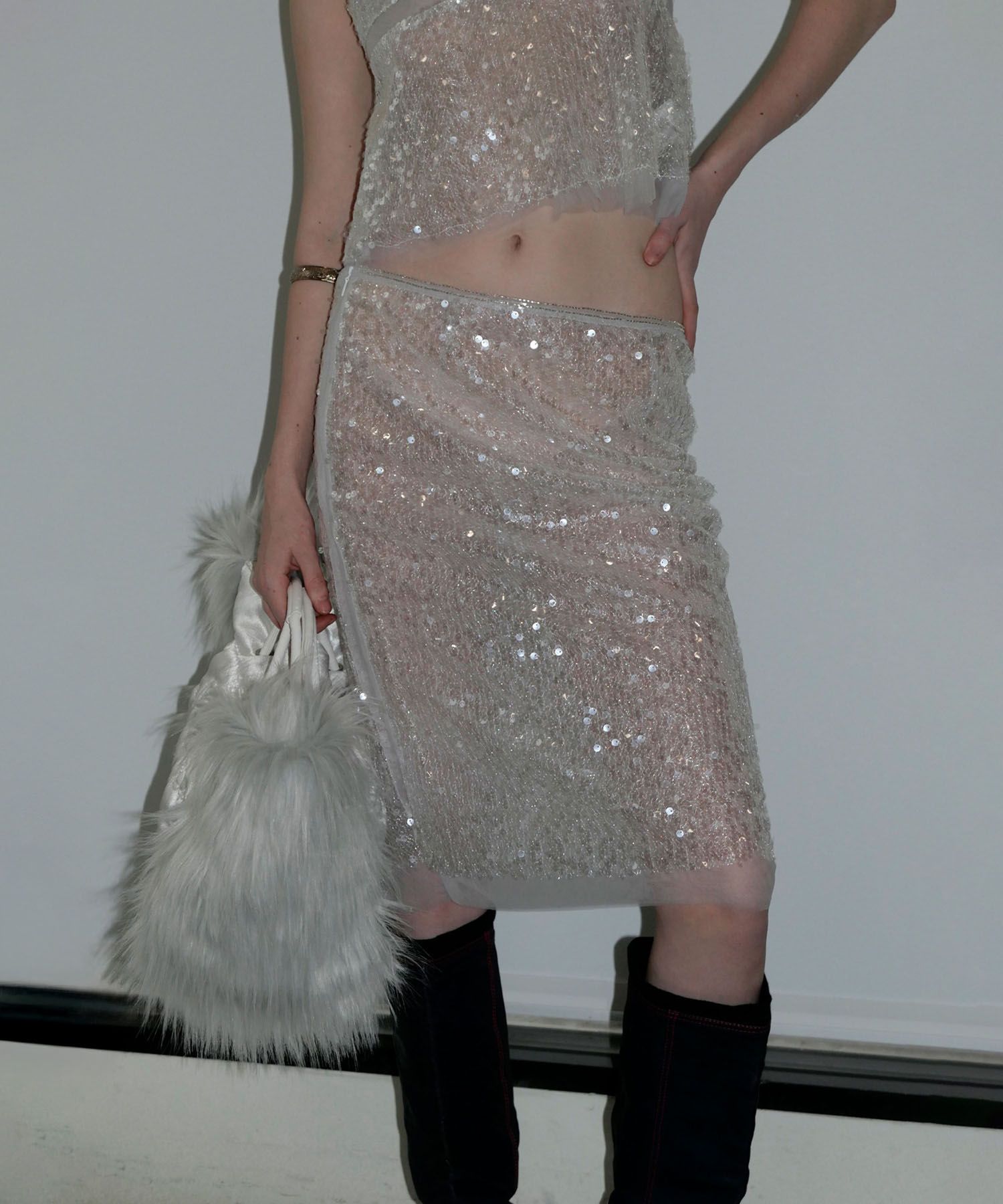 Sequin Midi Skirt Ice White