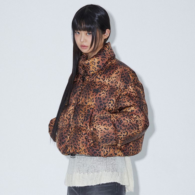 LEOPARD PRINT CROPPED DOWN JACKET BROWN BQ4NZ002