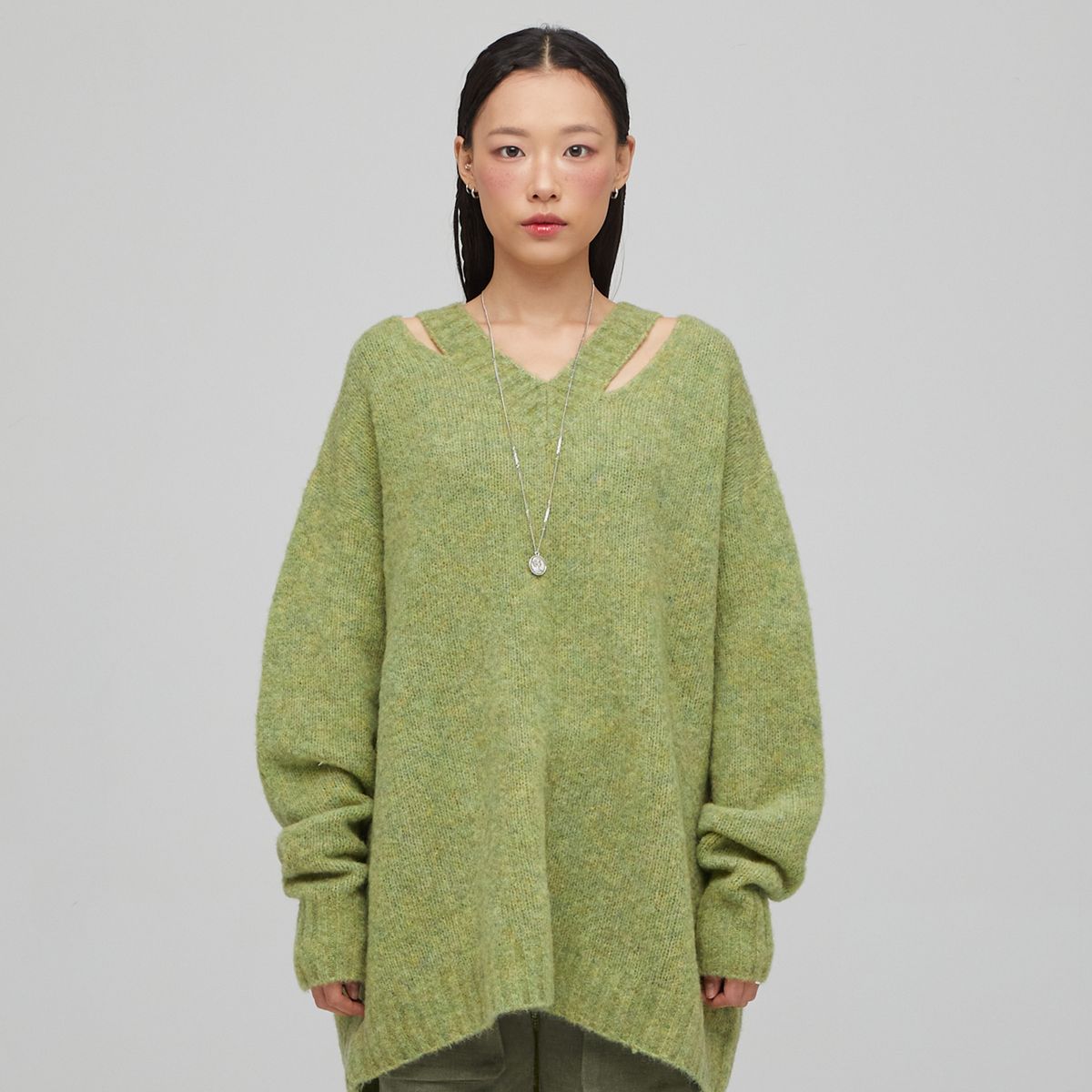 라라폭스(LALAFOX) KNIT NECK SLIT OVERSIZED T-SHIRT LIGHTGREEN BQ4KL002