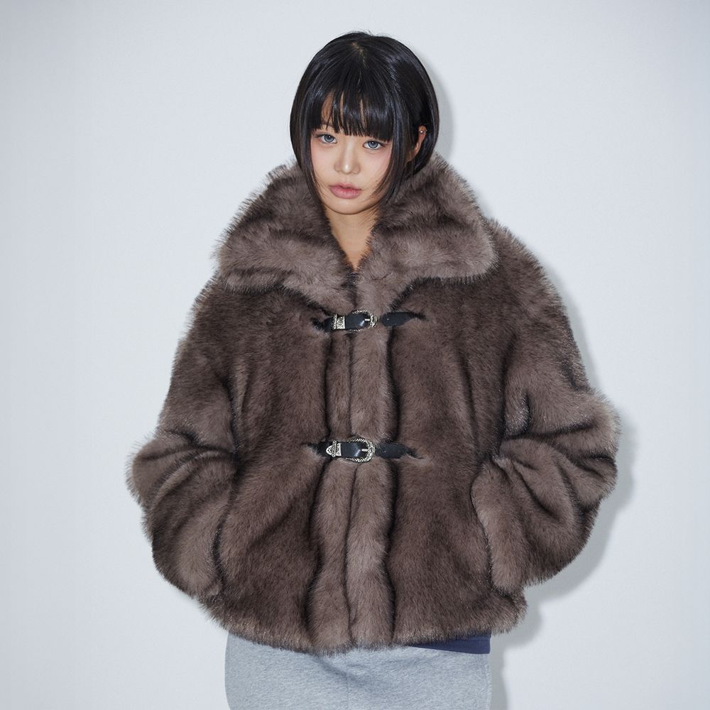 MUSINSA | LALAFOX STRAP BUCKLE FUR JACKET GREY BQ4FJ001