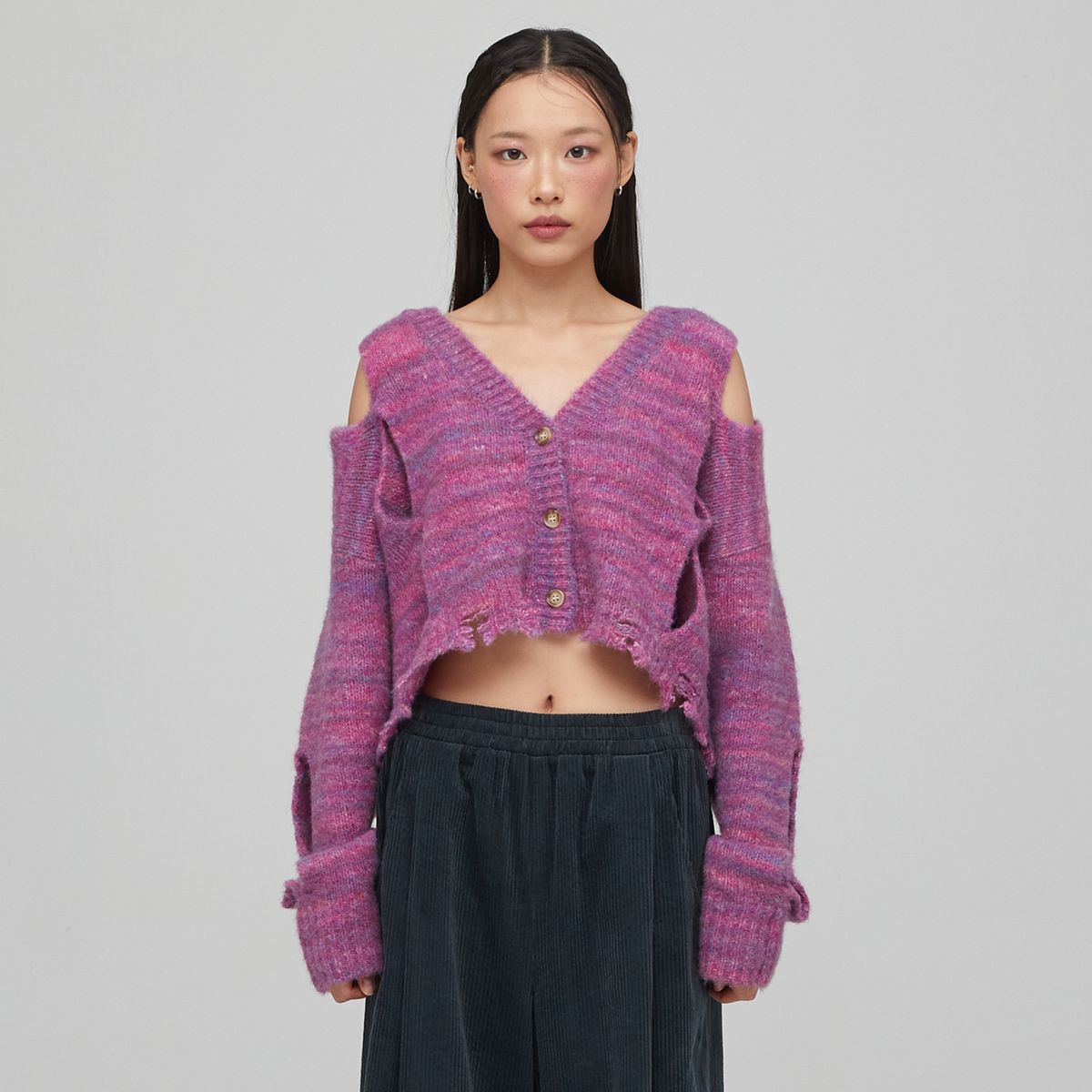 라라폭스(LALAFOX) SIDE SLIT DISTRESSED CARDIGAN PURPLE 니트 가디건 BQ4KG009