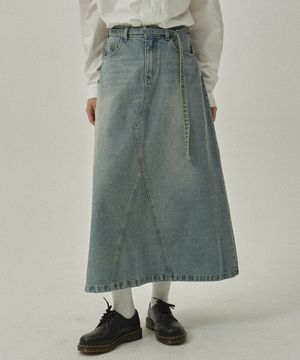 론아스 7996 벨티드 페이드워시 라이트인디고 데님 롱스커트