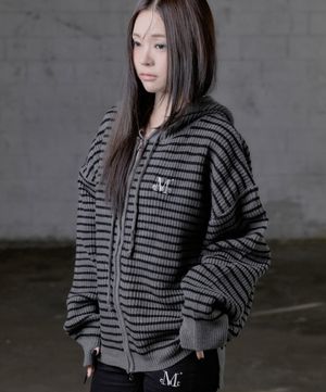 메이 오버핏 스트라이프 핸드워머 니트 후드 집업 남녀공용 (2컬러)