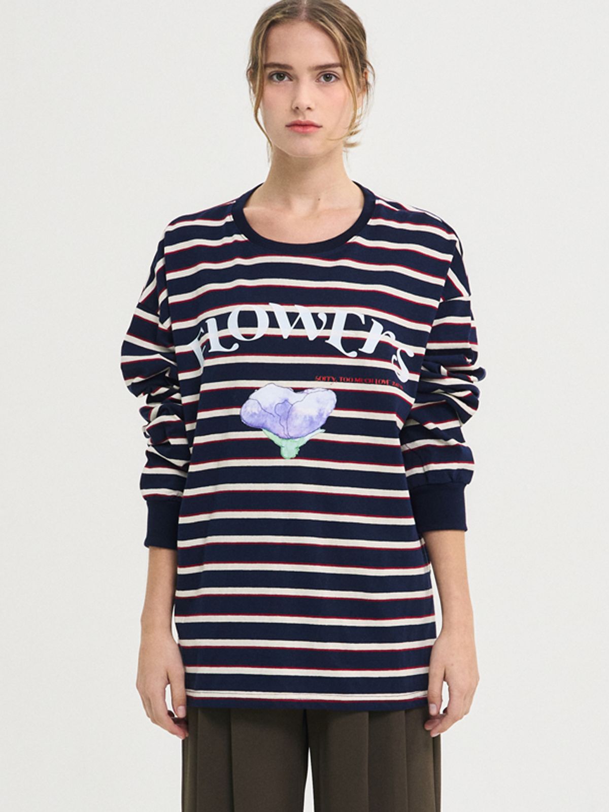 쏘리, 투 머치 러브(SORRY, TOO MUCH LOVE) Flowers Stripe T-Shirt_Navy