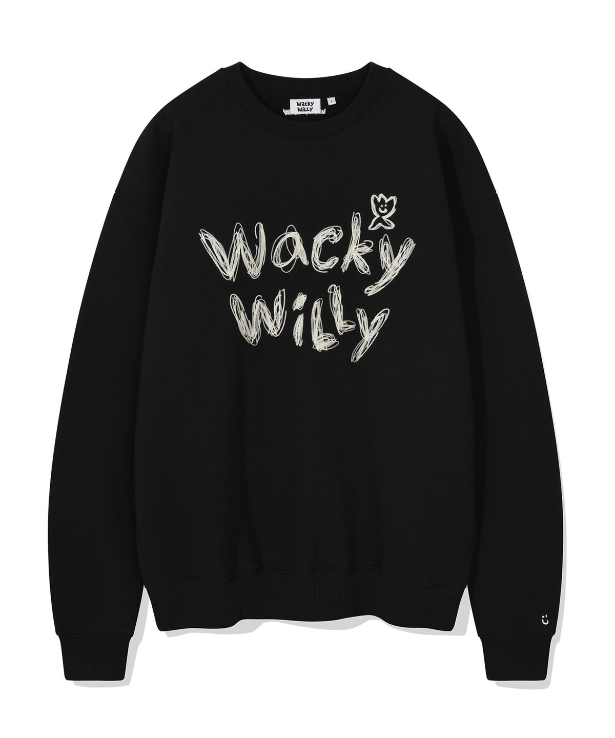 와키윌리(WACKY WILLY) 타이포 자수 기모 맨투맨 블랙