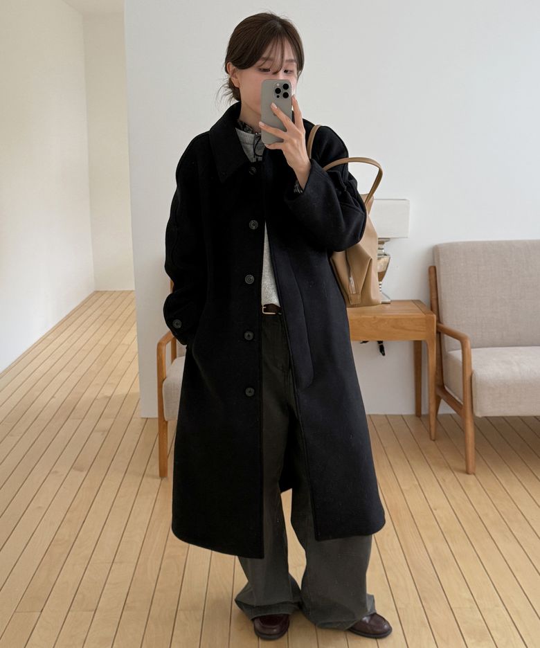 [알로하 PICK] [Drape Wool] (우먼) 캐시미어블렌드 세미오버핏 발마칸 로브코트_블랙